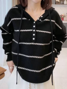 Casual Loose Knitted Long Sleeve Hoodie Womens Top Breathable Lightweight Stripe Design Comfortable Soft Korean Style Fashion