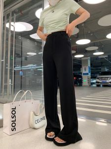 High Waist Straight Leg Floor Length Draped Ultra Model Slit Pants Slimming Capri Spring Summer Casual Trousers for Women