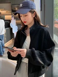 เสื้อแจ็คเก็ตเบสบอลสำหรับผู้หญิง ฤดูใบไม้ร่วง/ฤดูหนาว สไตล์ลำลอง คอตั้ง แขนสั้น เสื้อแจ็คเก็ตแบบอเนกประสงค์ วัสดุอื่นๆ