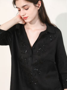 Miccbeirn | Pure Flax Embroidered Polo Neck Seven Sleeve Slim Fit Casual Solid Color Top Women Vintage Fashion Bright Sequin Stitched Shirt