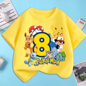 Bandai | Pokemons Cartoon Number Birthday T-shirts Pikachu Anime Cute Short-sleeved Top Boys Girls Summer Fashion T-shirt Kids Clothes