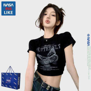 เสื้อยืดแขนสั้นผู้หญิงสไตล์ย้อนยุค NASA ลายผีเสื้อ ทรงเข้ารูป กระชับสัดส่วน ดีไซน์ฤดูร้อน เสื้อผ้าทำงาน ผ้าฝ้าย 100%