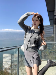 American Style Grey Sweater Cardigan Half Skirt Set Womens Fashion Ensemble QN Female Household Manchester College