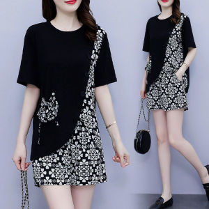 Retro Print Lace Trim Loose Fit Short Sleeve Two Piece Set for plus Size Women Summer Casual Comfortable Pantsuit