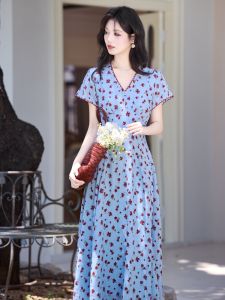 Summer New Style French Elegant V-neck Floral Print Long Dress Womens Skirt High Waist Nylon Fabric Short Sleeve A-line Dress