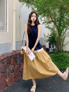 ชุดเดรสยาวคอวีแขนกุดสีน้ำเงินเข้มสไตล์เกาหลีสำหรับผู้หญิง ชุดเดรสยาวทรงเอเอวสูงแบบลำลองสำหรับฤดูร้อน