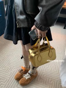 Gold Bowling Ball Boston Shoulder Handbag Split Design Popular New 2025 Small Single Shoulder Bag for Women Soft PU Leather