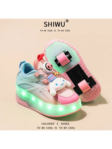 รองเท้าเดินได้สำหรับเด็กผู้หญิง รองเท้าสเก็ตบอร์ดแบบมีล้อสองล้อ รองเท้าเดินได้แบบมีหัวเข็มขัดแบบหมีกลิ่นหอม รองเท้าเดินได้แบบลำลองสำหรับฤดูร้อน