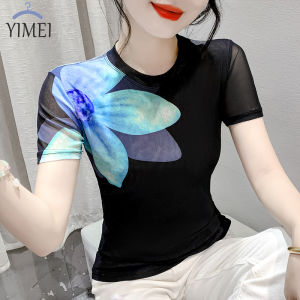 YIMEI European oversized womens clothing 2024 summer fashion mesh positioning printed T-shirt short sleeved round neck slim fit black top