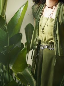 LuZhouJi Ancient Chinese Style Green Plant Pattern Tang Suit Skirt Split Yellow Sung Patterned Hanfu Womens Daily Wear