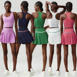 Breathable Mesh Racerback Shock Absorbent Sports Bra Skirt Set