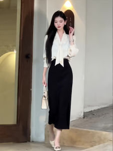 Fall New Style French Professional Long Sleeve Shirt + High Waist Slit Mini Skirt Set Womens Fashionable Office Outfit