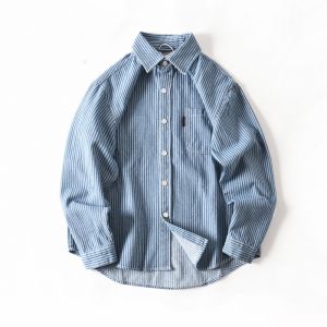 เสื้อเชิ้ตยีนส์คอกลมแขนยาวผู้ชายทรงหลวมฤดูใบไม้ร่วง Pure Cotton Washed Color Woven Stripes Loose Casual Long Sleeve Denim Shirt