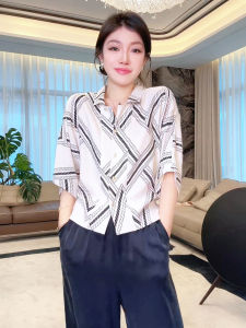 Casual Chic Mixed Fiber Linen Waist-Cinching Slimming Fashionable Shirt ME L Old Money Chain Cover up MESS5101 Polo Collar Long Sleeve