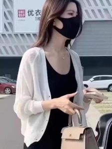 เสื้อคาร์ดิแกนถักบางสำหรับผู้หญิง ฤดูใบไม้ผลิและฤดูร้อน 2025 ใหม่ ผ้าไหมน้ำแข็ง ชุดเดรสยาวคลุมไหล่ ชุดเสื้อผ้าทำงาน แขนยาว ปกติ