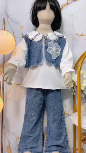 Setelan Jeans Monica 3in1 terbaru Untuk Anak Perempuan Usia 3-12 Tahun | Pakaian Viral 2025 Bahan Premium Model Kemeja Rayon Lengan Panjang Variasi Krah Kelopak Rempel Kombinasi Rompi Jeans Bunga Bisa Di Lepas | Celana Jeans Denim Panjang Cutbray