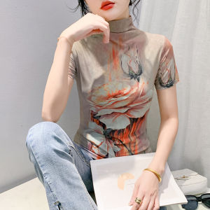 REHIN High-Neck Unique Printed Mesh Short-Sleeve T-Shirt Slim Fit Elegant Design Womens Top