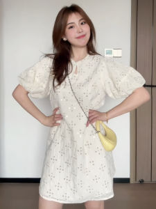 plus Size Womens French Shiny Sequin Bubble Sleeve Dress Summer New Style A-Line Mini Dress Slimming Small Fragrance Style