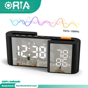 ORIA Digital Alarm Clock with Dual-Screen FM Radio Clock S-Shaped Led Mirror Clock with Temperature & Humidity Display Large Screen 12/24H Format Snooze Date Dual Alarms Auto Dimming Clock for Home Office