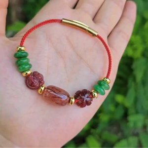 Q2619 Vòng ngũ điếu Cẩm Thạch Sơn Thủy mix lu thống cỏ 4 lá túi tiền Thạch Anh Tóc Đỏ hợp Hỏa & Thổ - Phong Thủy TUDO