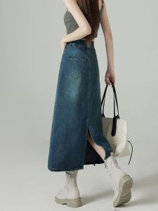 High Waist A-Line Mini Skirt Womens Spring Summer New Style Slim Fit Denim Skirts Mid-Length Slit Skirts Cotton Polyester Blend