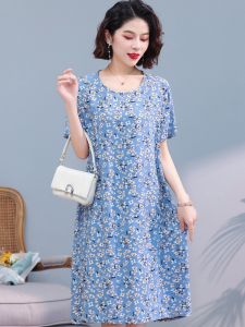 Summer Fashion Mommy Cotton Short Sleeve Dress Midi Length round Neck Loose Fit Elderly Women Stylish Ageless plus Size Slimming Skirt