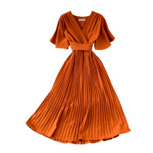 Summer 2025 V-neck Short Sleeve Dress Knee-length Slimming Waist Pleated Long Skirt Korean Style High Waist Zipper Closure