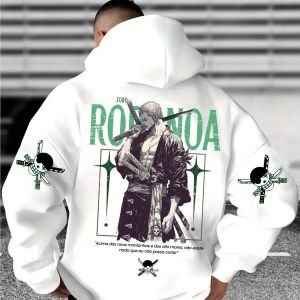 Bandai | White Loose Hooded Sweatshirt with Drawstring Decorated with "" Roronoa Zoro Themed Prints on The Back And Sleeves