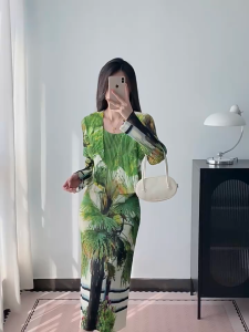 KESHANGYI Miyake style pleated palm leaf printed camisole dress + cardigan jacket summer breathable elastic suit womens clothing