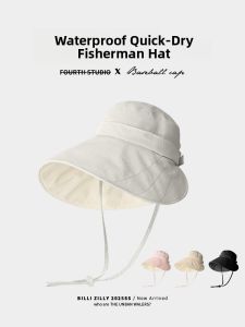 BILLI ZILLY | Womens Large Brim Fishing Hat Sun Protection UV Blocking Quick Dry Hair Tie Cap Casual Style Round Top Travel Hat Black Glue