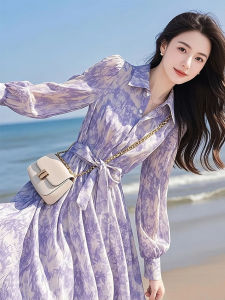 Elegant French Style Floral Print Maxi Dress Beach Vacation Womens Waist-Cinching Purple Dress Spring Season Casual Style