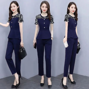Elegant Casual Womens Short Sleeve Two-Piece Set Slimming Fashionable Age-Defying Summer New Arrival Polyester Material