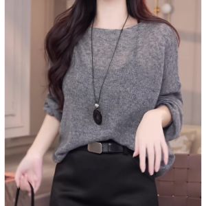 Gray Knitted Sweater Womens Long Sleeve Overhead Base Layer Lazy Design Fashionable Comfortable Casual Style Autumn New Arrival