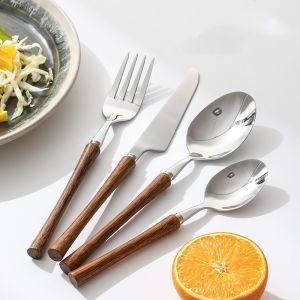 4pcs/set Stainless Steel Imitation Wooden Handle Cutlery Set Dinnerware Clamp Western Tableware Knife Fork Tea Spoon
