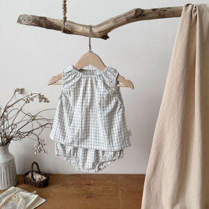 2026 New Summer Baby Clothes Set 6-24M Cute Grid Toddler Girls Sleeveless Top+Bloomer Minimalist Loose Infant Outfit 2PCS