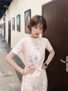 Korean Style Sweet Cartoon Cat Short Sleeve Womens T - Shirt Pure Cotton Slimming Summer Top Teenage Girls Tshirt Designs