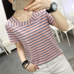 Plus Size Ladies Plus Size Loose Slimming Cotton Short Sleeve T-Shirt Womens Clothing 100.00kg Meat Hiding Summer Clothing Belly Covering Striped Tops