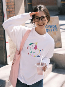 Early Autumn Korean Style Pure Cotton Womens T-shirt Casual Long Sleeve Wide Base Shirt Cute Print Comfortable Breathable