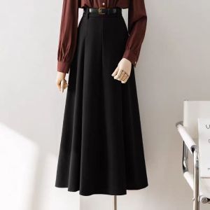 Black Suit Half Skirt Women Summer Grey Long Spring Autumn High Waist Hip Covering Draping Midi A-Line Pleated Skirt
