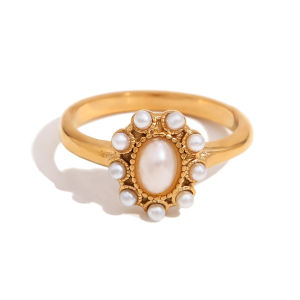 E.B.belle Elegant Oval Freshwater Pearl Round Imitation Pearls rings Vintage green zircon stainless steel womens jewelry