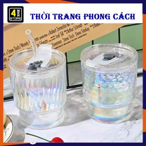 Ly  Cốc Thủy Tinh Cầu Vòng 2 Tầng Kèm Ống Hút Dung Tích 400ml - Cốc Uống Nước  Cafe Pha Lê Cao Cấp / Ly Thủy Tinh Có Nắp Đậy Chống Tràn Chịu Nhiệt Cao Cấp