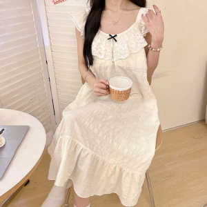 Court Style Nightdress Womens Summer Sling Lace Lace Home Wear 2024 New Arrival Cotton Soft Pure Color Pajamas Can Be Outwear