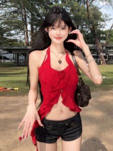 Pure Desire High-End Red Neck Hanging Vest Tank Top Show Body Winter New Style Commute Style Short Length Pure Color