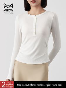 miiow | Womens Knitted Long Sleeve T-Shirt Round Neck Button Up Elastic Ribbing Base Shirt Spring Autumn 2025 New Style Slim Fit Commute Style