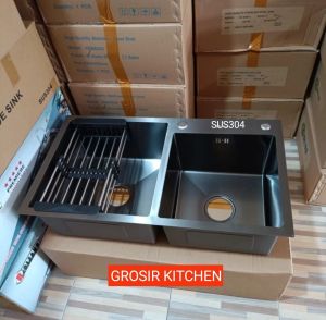Kitchen sink hitam 8245 paket lengkap kran fleksibel tarik /Bak cuci piring black stainless sus 304 /Modern sink