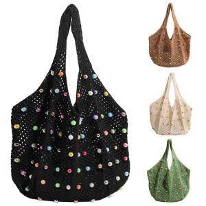 2thWomen Knitting Shoulder Bag Hollow Out Aesthetic Knit Bag Large Capacity Knitted Tote Handbag Ladies Daily Handbag