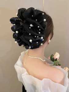 2024 New Pearl Hair Clip Women Elegant Multi-Layer Butterfly Knot Super Large Back of Head Shark Clamp Bubble Net Material