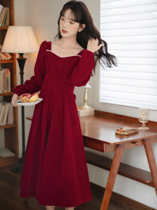 Red Wedding Dress for Women Elegant Simple Style Long Sleeve A-Line Skirt Autumn Winter Seasonal Fashion French Style Zipper Closure
