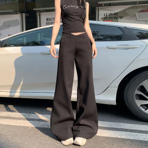 Black American Style Micro Flared Suit Pants Womens V-Shaped Waist Design Loose Casual Trousers High Waist Zipper Polyester Spandex