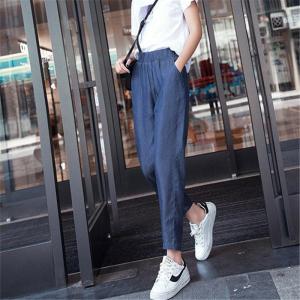 plus Size Womens Jeans High Waist Loose Harlan Pants Slimming Straight Leg Elastic Waist Faintly Plump Spring Summer Thin Denim